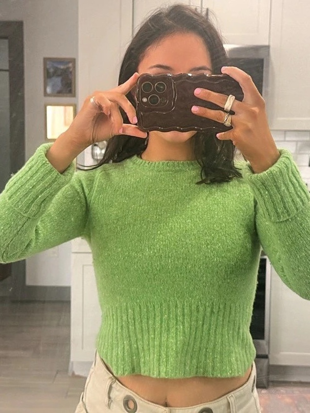 100% lambs school Express Fuzzy Knit Crew Neck Sweater Green Size Medium